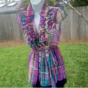 Antilia Femme Plaid Tuxedo Blouse w/ Sash